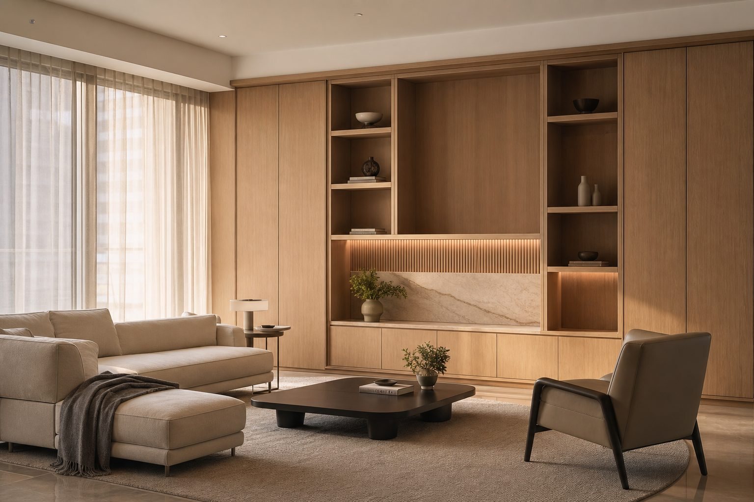 A warm, minimal Singapore living room designed by Porterbox Studio